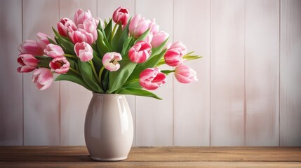 Blooms in Rustic Charm: Elevate your floral stock photos with a stylish arrangement of pink tulips in a farmhouse setting.