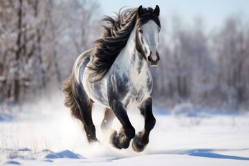 Horse gallop in snow in winter landscape