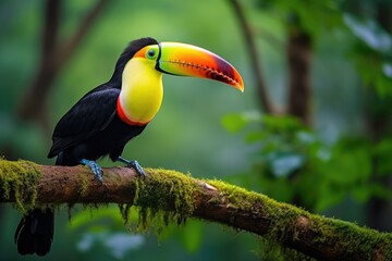 Fototapeta premium Toucan sitting on a branch in the rainforest. Generative AI
