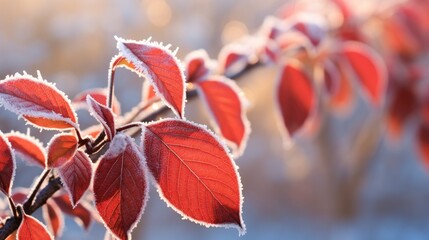 Orange beech leaves covered with frost in late fall or early winter. - obrazy, fototapety, plakaty