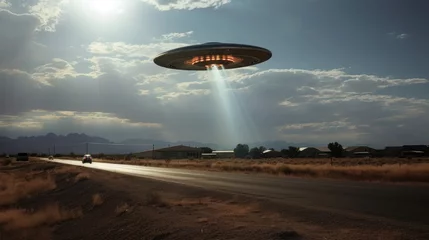 Gordijnen Conspiracy Unveiled: Dive into the world of UFOs and aliens with a camcorder recording a spaceship over area 51 © pvl0707