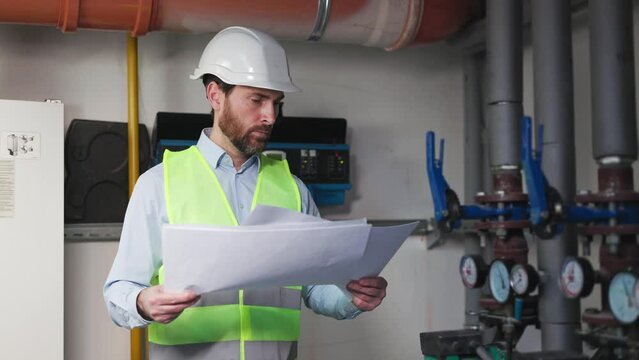 Engineer man or worker, plumber working in industry factory. Chiller tower on rooftop building. System work machine. Condenser Water Supply pipe lines. Portrait of engineer with project papers indoor.