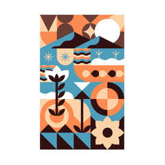Abstract nature poster. Cubist landscape background. Geometric shapes, forms, figure, flower symbols. Contemporary wall art. Stylized vertical interior decor. Modern artwork. Flat vector illustration