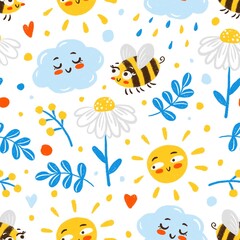 Seamless pattern with cute summer day elements on white background - cartoon bees, sun, clouds and flowers for your happy design