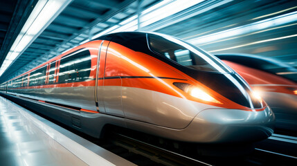 Fototapeta premium High speed train passing station with motion blur background.