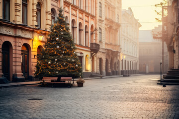 Christmas tree in beautiful empty old city at early morning, while all people sleeping at home....