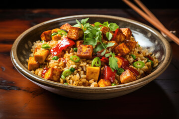 Fototapeta premium Fried rice with tofu and vegitables ceramic bowl shot from above.Thai cousien