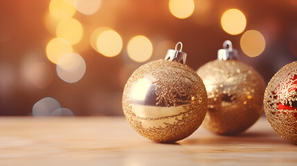 Winter Wonderland Greetings ,Christmas gold ball on wooden table and glitter gold background. Copy space,Golden balls for christmas decoration, holiday and festivities concept. Generative AI