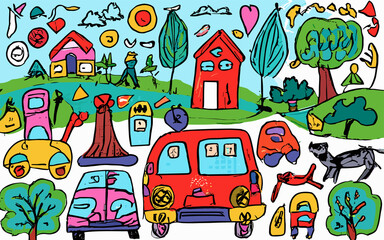 Playful Drive, Cozy Nest, Blooming Bliss Children's Artistic Escapade in Crafting Houses, Cars, and Gardens with the Whimsy of Rainbow Crayons