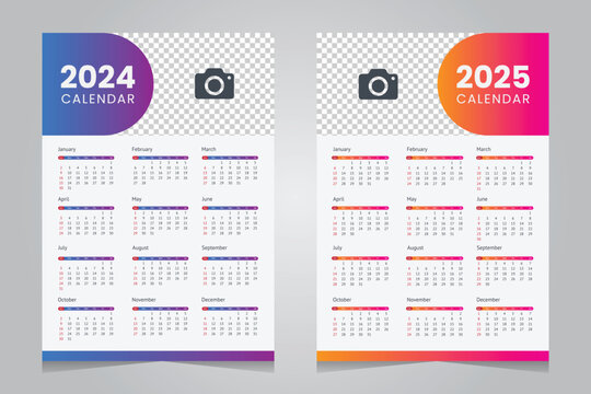 Wall calendar 2024 and 2025 template design. red and blue vertical calendar