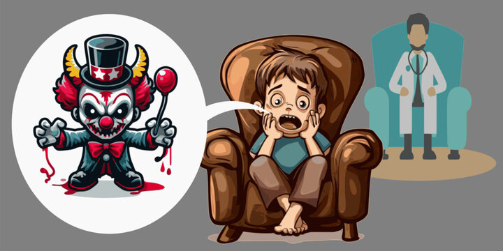 Fearful boy psychotherapy session for phobia fear of clown with doctor shrink grey background vector illustration