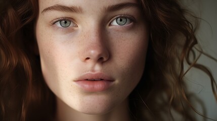 Young woman with flawless skin with Freckles on the face and delicate features is captured in a close-up shot