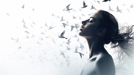 Woman profile with birds dispersing from head, concept of mental health