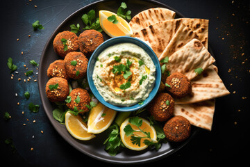 Falafel plate in blue ceramic bowl shot from above, with hummus dip and pita bread and vegitable.
