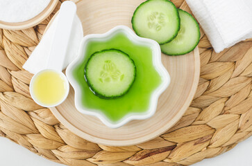 Cucumber juice and cucumber slice for preparing homemade facial mask, face toner or eye mask....