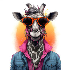 Portrait of a cartoon giraffe wearing sunglasses.