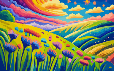 Enchanted Horizons: A Child's Vision of Beautiful Landscapes, Blossoming with the Colors of Rainbow Crayons