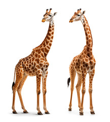 two giraffe couple portrait on isolated background - obrazy, fototapety, plakaty