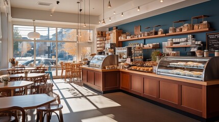 beautifully designed bistro cafe with a clean white counter, a tempting bakery display, and a long wooden counter adorned with high chairs by the window, bathed in the warm, golden morning sunlight