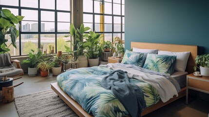 Modern, contemporary loft-style bedroom with a tropical theme,