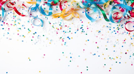 Bright cheerful New Year's white background with ribbons of multi-colored serpentine ribbons and confetti.