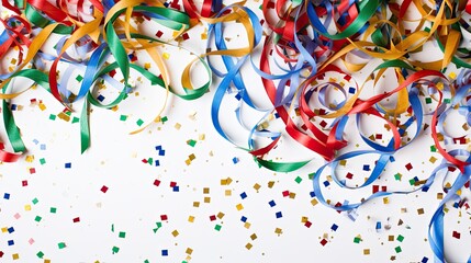 Bright cheerful New Year's white background with ribbons of multi-colored serpentine ribbons and confetti.