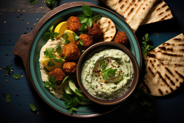 Falafel plate in blue ceramic bowl shot from above, with hummus dip and pita bread and vegitable.