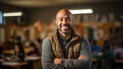 portrait of a African American teacher in the classroom, child behind him