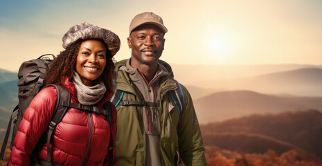 Fototapeta premium African American couple hiker walking on the top of the mountain