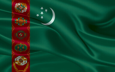3d waving realistic silk national flag of Turkmenistan. Happy national day Turkmenistan flag background. close up - obrazy, fototapety, plakaty