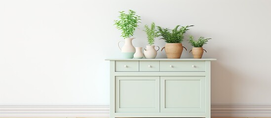 Photo of a wooden cupboard with plant and lampshade