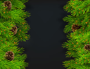 Christmas decorative border made of fir branches with pine cones, vertical banner with copy space in the center. On a dark background. 3d realistic illustration. Vector.