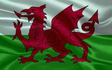 3d waving realistic silk national flag of Wales. Happy national day Wales flag background. close up