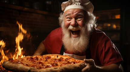 Portrait of happy man with pizza on fire background