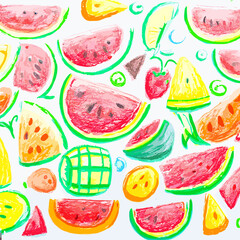 Patchwork Picnic Children's Delight in Illustrating the Diverse Palette of Watermelon Types with Rainbow Crayons