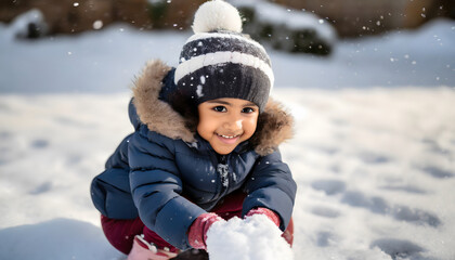 Fototapeta na wymiar child playing with snow in winter
