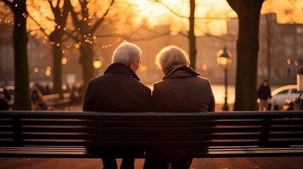 Elderly couple sits on a bench in the park
