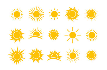 Sun icon set. Yellow sun star icons collection. Vector