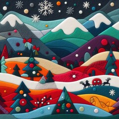 Arte en fieltro con parches, escena panorámica de paisaje navideño, aguja, silueta abstracta, estilo expresionista, colorido festivo.