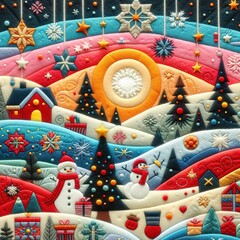 Arte en fieltro con parches, escena panorámica de paisaje navideño, aguja, silueta abstracta, estilo expresionista, colorido festivo.