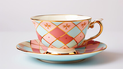 Retro vintage empty cup with floral pattern. Side view. Light background. Generative AI