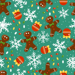 Christmas seamless pattern. Colorful background includes gingerbread man, snowflakes, Christmas balls, garlands. Festive winter pattern. Cartoon. Vector illustration.