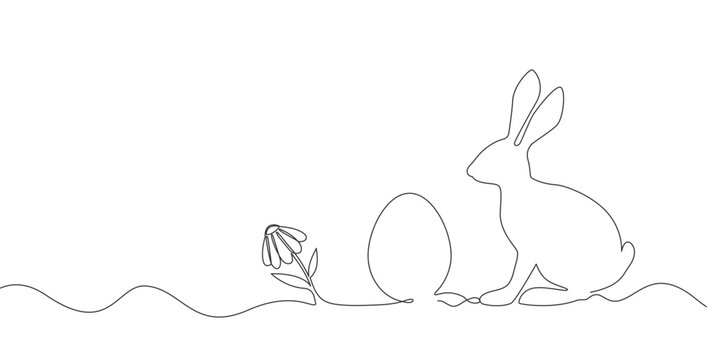 Continuous one-line drawing of an Easter bunny, egg, and chamomile. Spring design. Editable stroke. Vector illustration