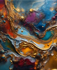 Colorful abstract painting oil and water complex complicated bright vivid colors beautiful opulent wealthy intricate all hues sublime delicate hyperdetailed masterpiece metallic sheen awesome 24k gold - obrazy, fototapety, plakaty