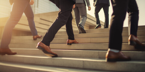 Business people climb the stairs of the city stairs. Close-up of the impersonal legs rising up. Career growth and advancement. Increasing and improving skills. Salary increase - Powered by Adobe