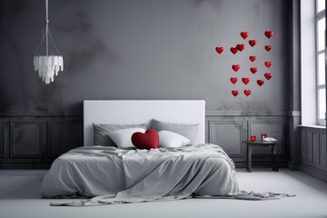 Valentines day decorations in bedroom with red hearts. Creative festive romantic interior.