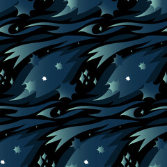 Vector dark blue seamless pattern with cosmic nebulae. Transition, gradient in blue colors. A space adventure. Abstract background with stars and clouds. Vector texture