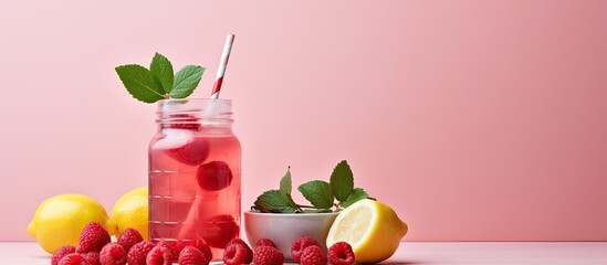 Summer cold drink a refreshing raspberry lemonade in a mason jar with a glass straw - obrazy, fototapety, plakaty