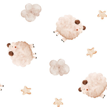 Watercolor seamless pattern with a sheep, clouds, stars. Hand-drawn illustration for fabric, wrapping on white background. Counting sheep for insomnia