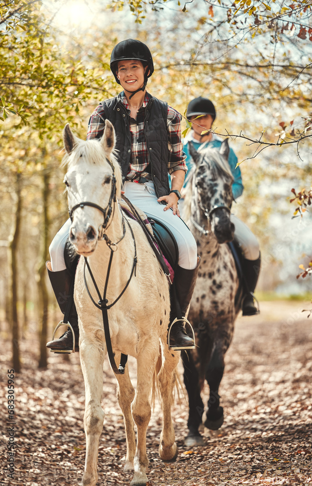 Poster Portrait, women and horses in a forest, happiness and woods with animal care, stallion and countryside. Adventure, pets and girls with joy, activity and relax with hobby, bonding together and friends